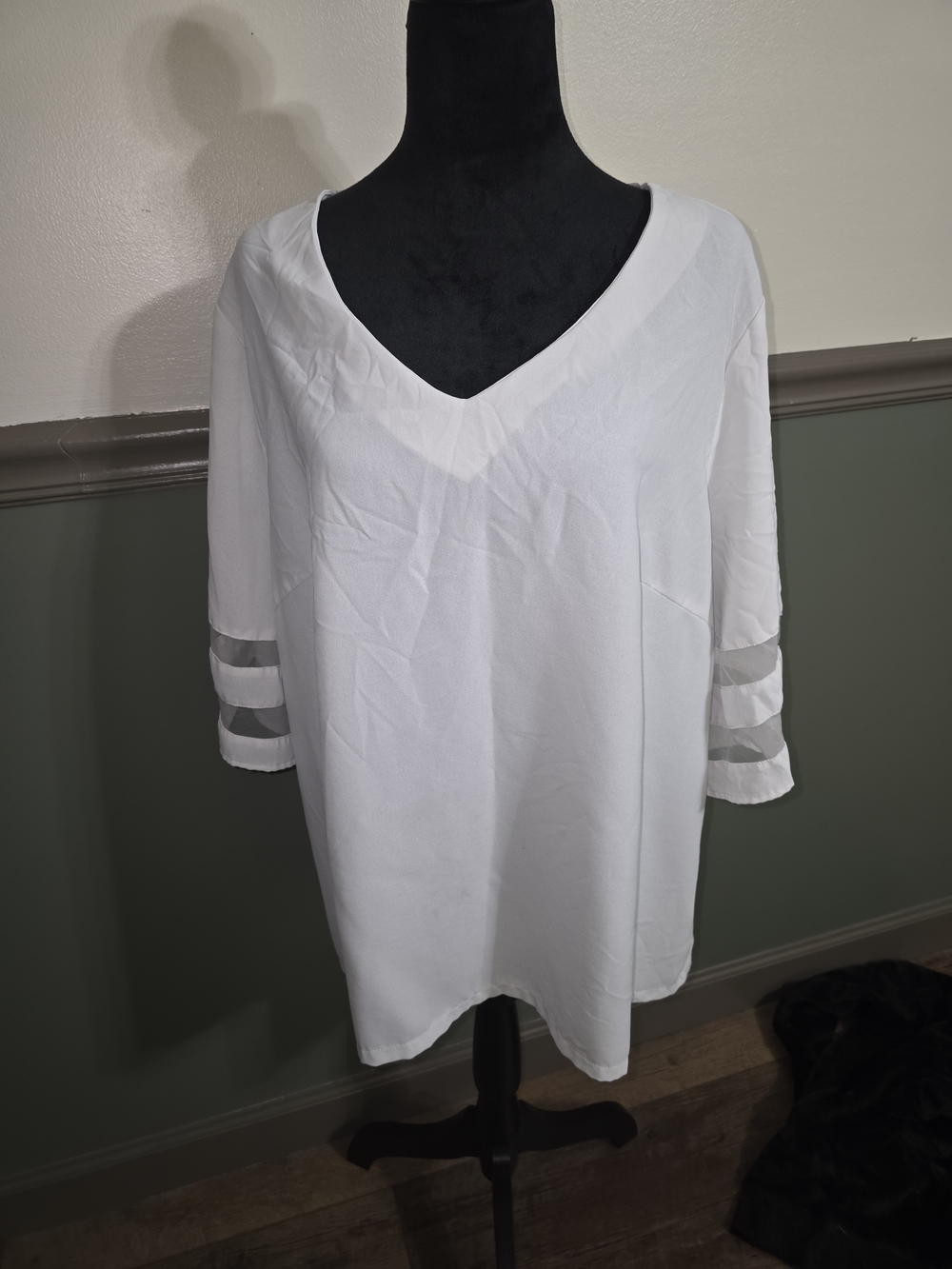 SHEIN White V-Neck Sheer-Trim Blouse